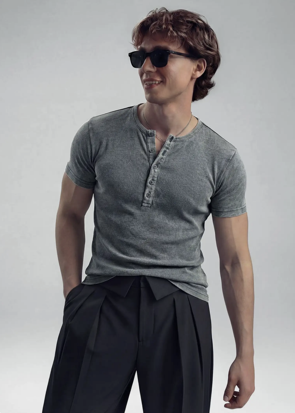 Outfit Day Solid Gray Henley Neck T Shirt For Men Casual Wear