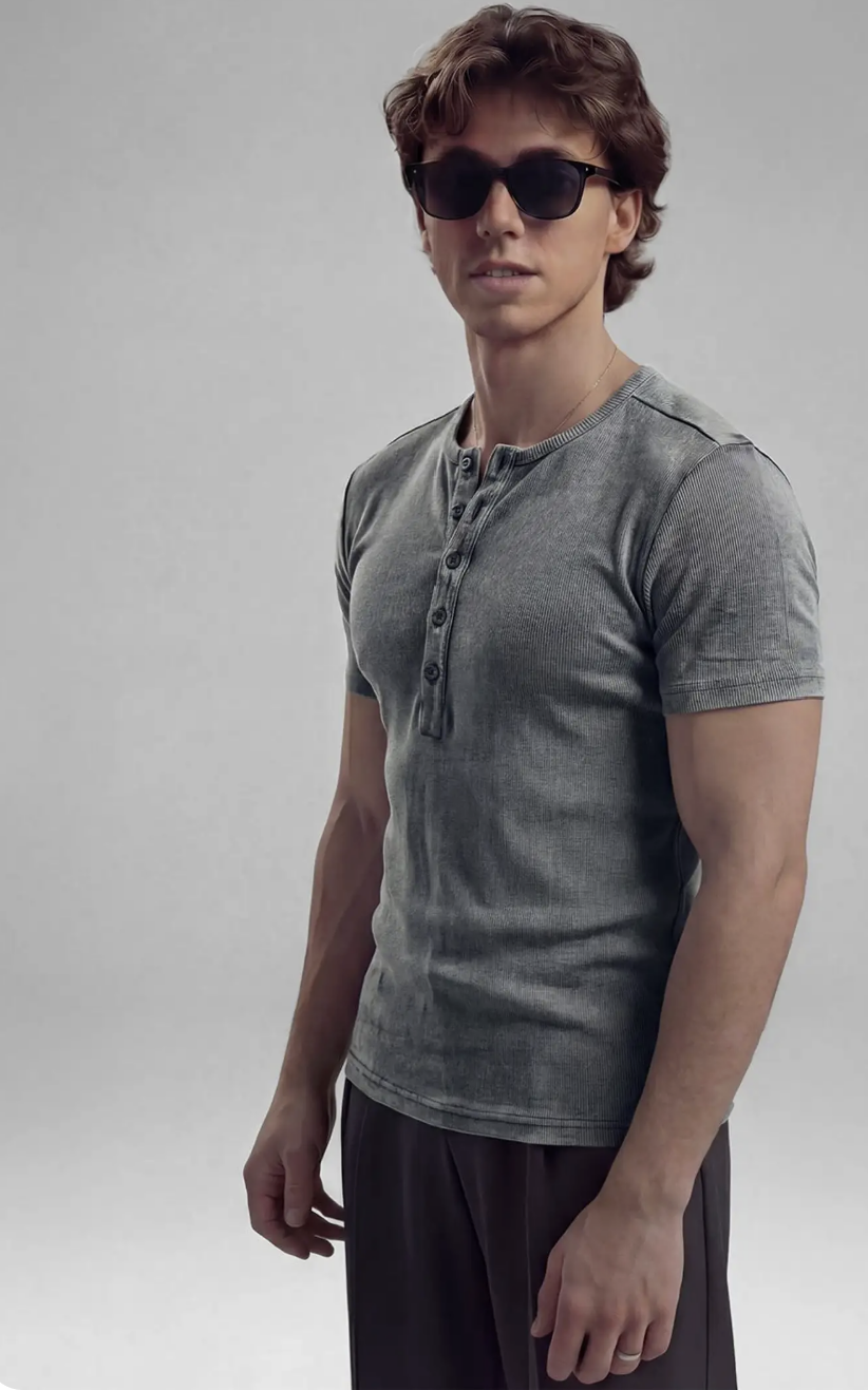 Outfit Day Solid Gray Henley Neck T Shirt For Men Casual Wear