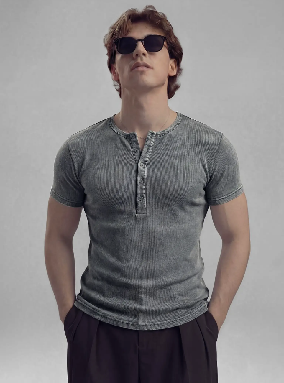 Outfit Day Solid Gray Henley Neck T Shirt For Men Casual Wear