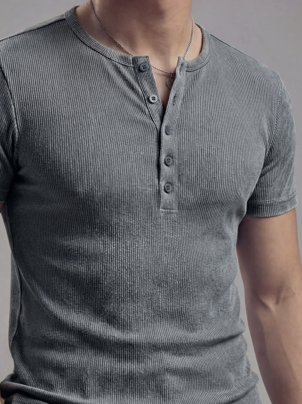 Outfit Day Solid Gray Henley Neck T Shirt For Men Casual Wear