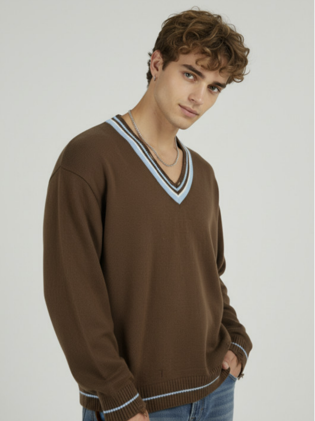 Outfit Day Apparel V Neck Distressed Hem Oversized Pullover With Contrast Edges