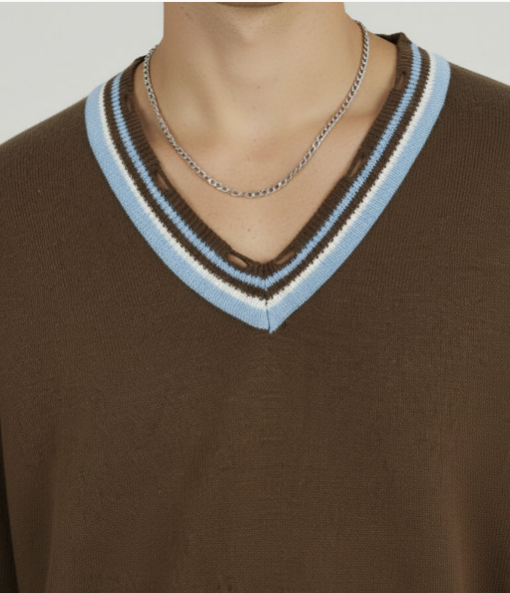 Outfit Day Apparel V Neck Distressed Hem Oversized Pullover With Contrast Edges