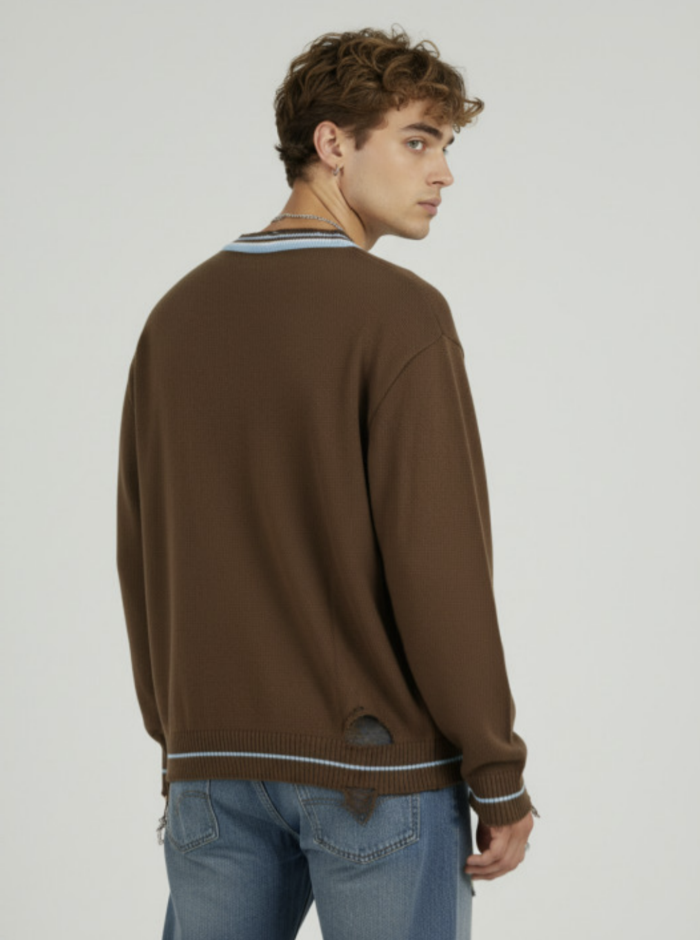 Outfit Day Apparel V Neck Distressed Hem Oversized Pullover With Contrast Edges