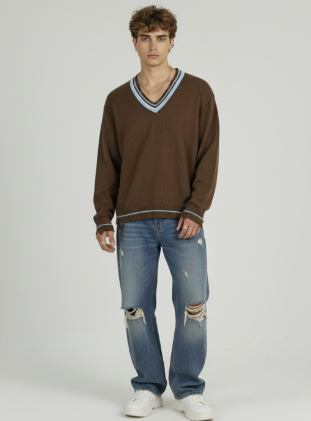 Outfit Day Apparel V Neck Distressed Hem Oversized Pullover With Contrast Edges