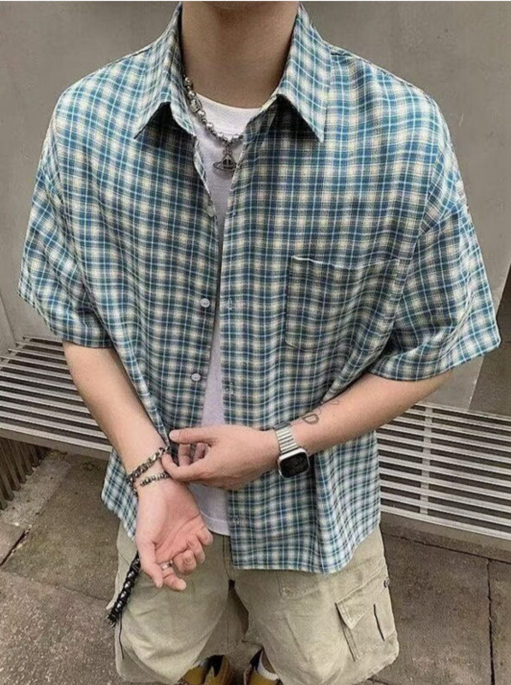 Outfit Day Apparel. Men Checked Short Sleeve Shirt