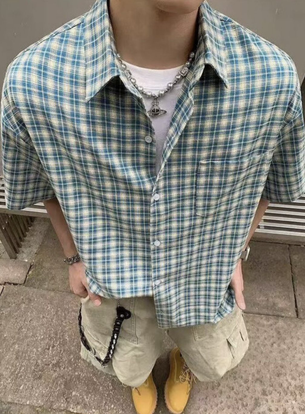 Outfit Day Apparel. Men Checked Short Sleeve Shirt