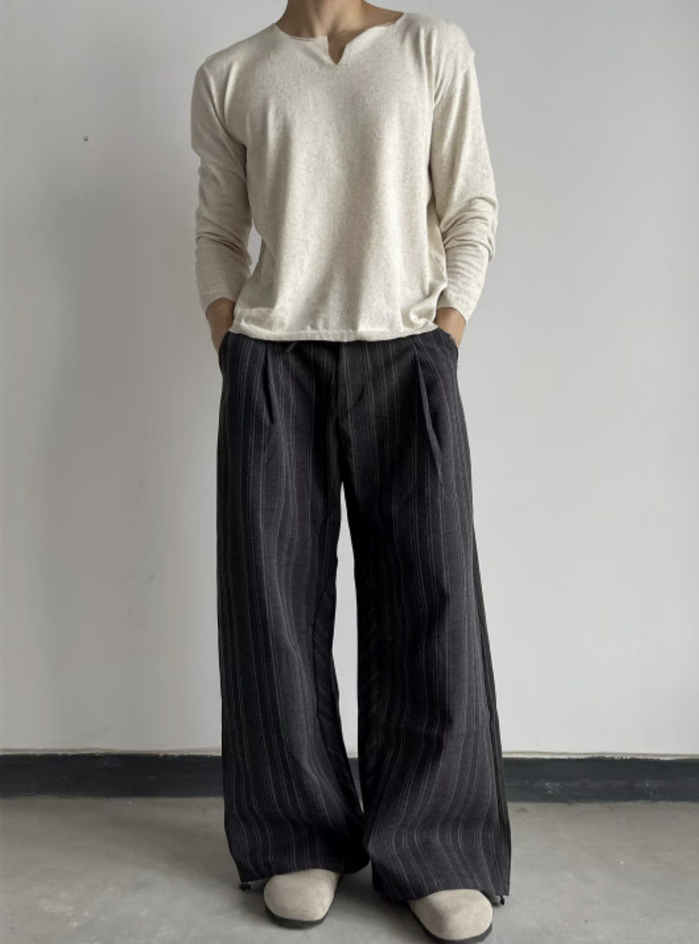 Outfit Day Apparel Striped Pleated Wide Leg Trousers Elastic Drawstring Waist