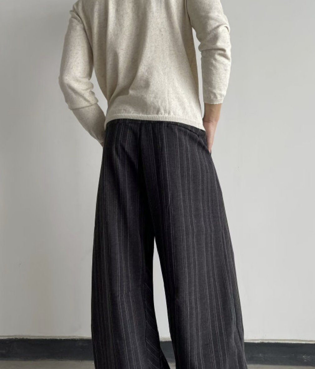 Outfit Day Apparel Striped Pleated Wide Leg Trousers Elastic Drawstring Waist