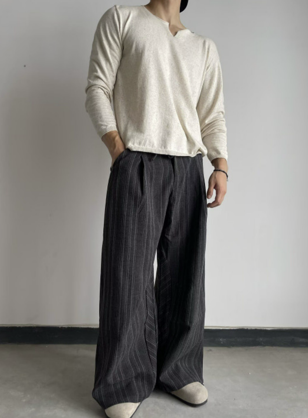 Outfit Day Apparel Striped Pleated Wide Leg Trousers Elastic Drawstring Waist