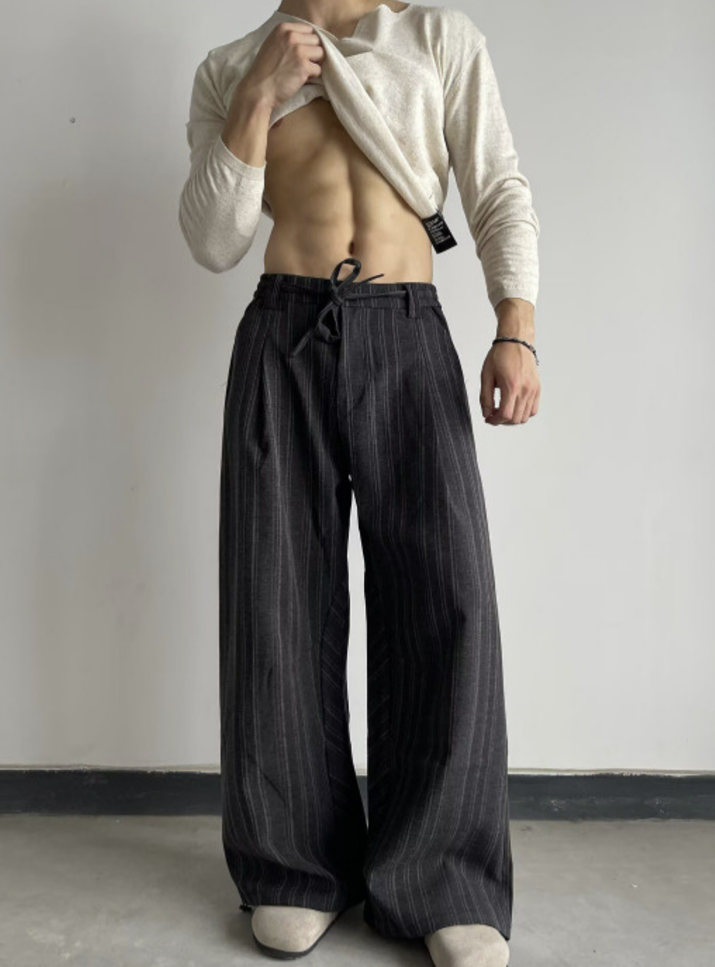 Outfit Day Apparel Striped Pleated Wide Leg Trousers Elastic Drawstring Waist