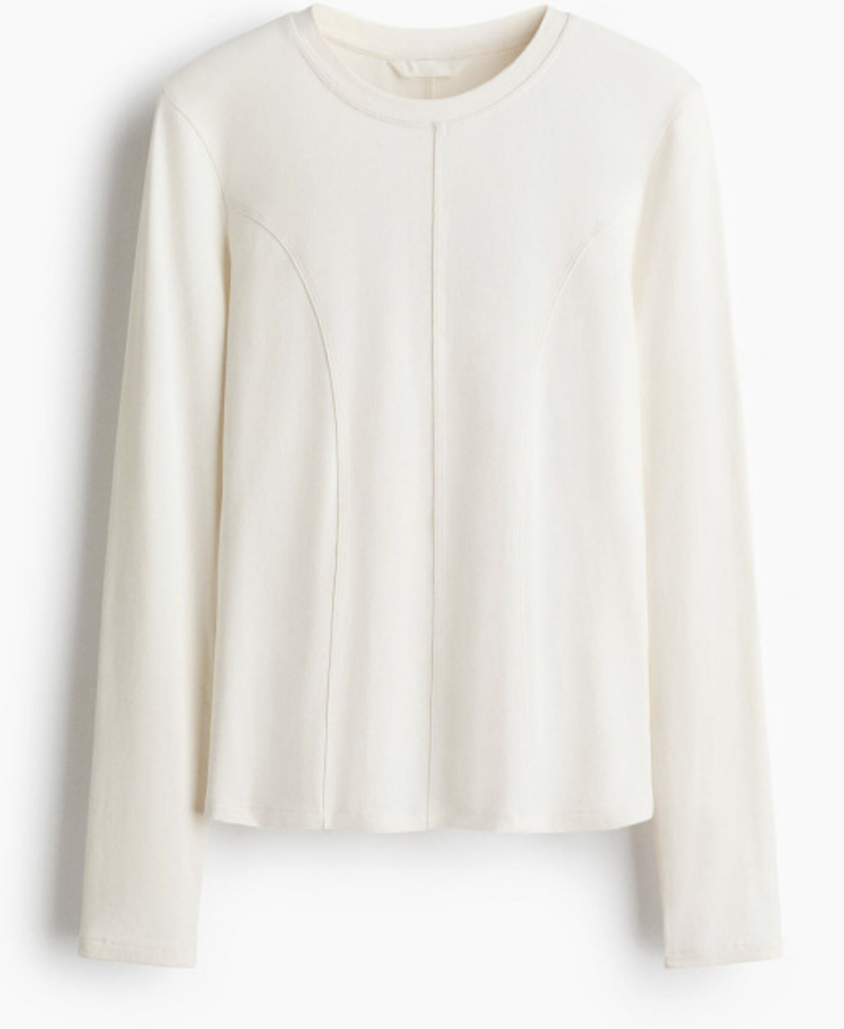 Fitted Long Sleeve Jersey Top With Visible Seams Front And Back Round Neckline