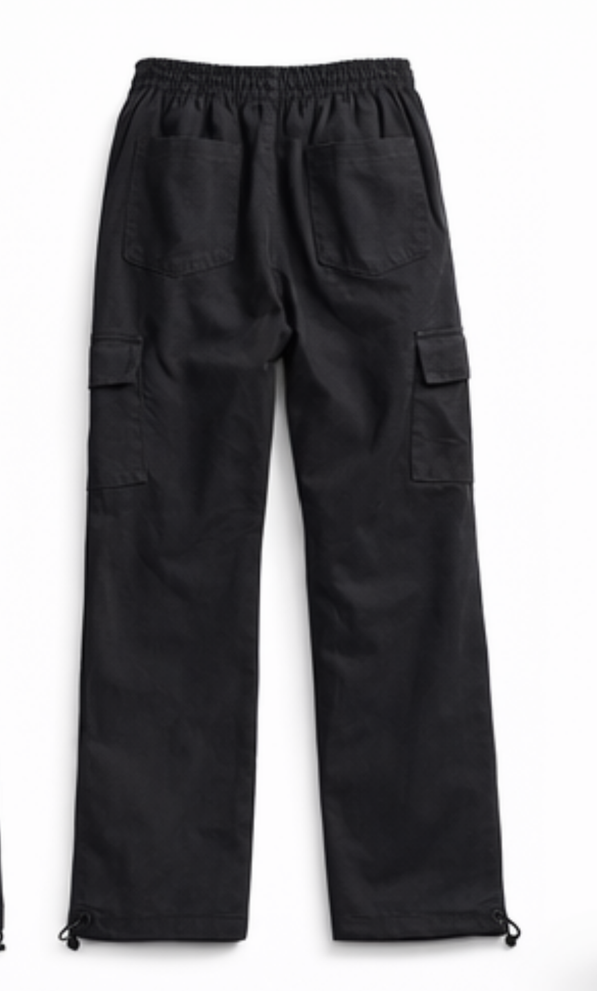 Black Utility Cargo Pants With Relaxed Fit And Adjustable Hem